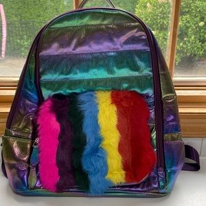 Bari Lynn Metallic Faux Fur Rainbow Backpack